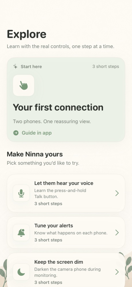 Explore offers an in-app guide to your first connection and short guides for talk-back and alerts